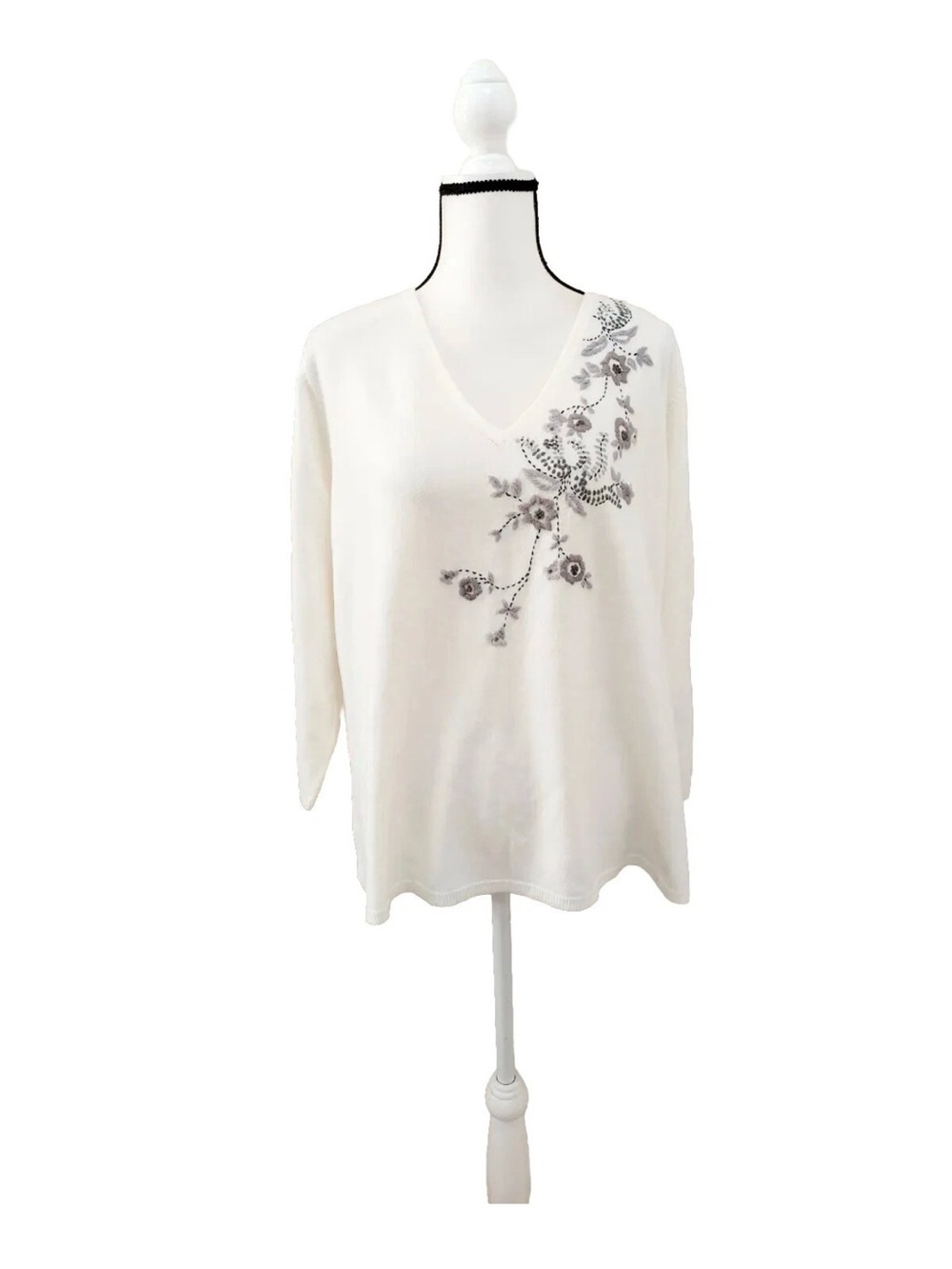 Women's Cream V-Neck Sweater with Silver Floral Embroidery Plus 3 X